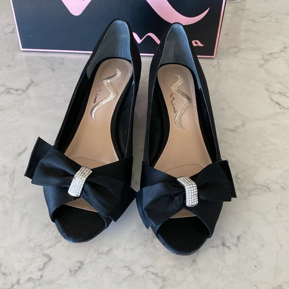 Nina Black Luster Satin Raiyana low wedge evening shoes